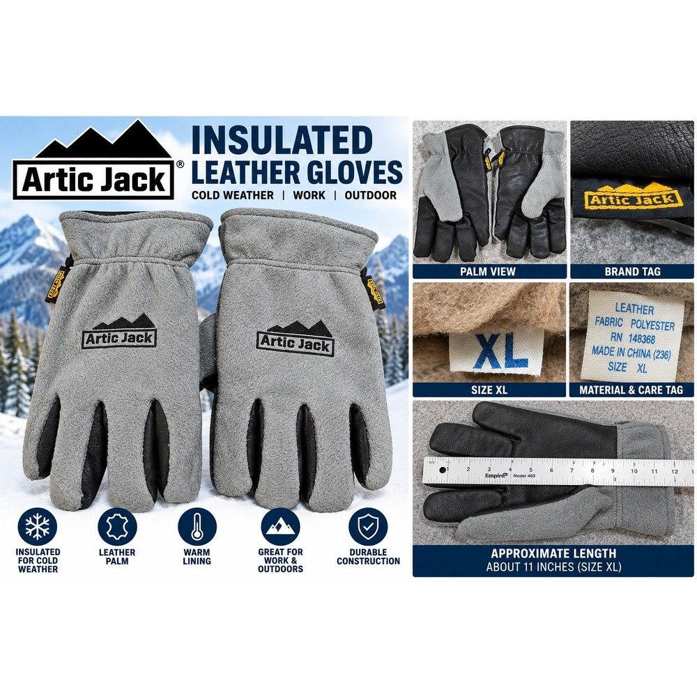 Artic Jack Insulated Leather Palm Work Gloves Grey Fleece Cold Weather Mens XL
